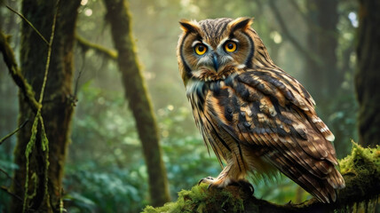 Fototapeta premium a owl in majestic perched atop a misty, moss-covered ancient tree branch, surrounded by lush emerald foliage