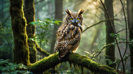 a owl in majestic perched atop a misty, moss-covered ancient tree branch, surrounded by lush emerald foliage