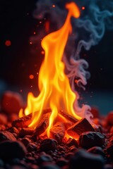 Fototapeta premium Close-up of flickering fire flames with subtle smoke, orange, subtle smoke