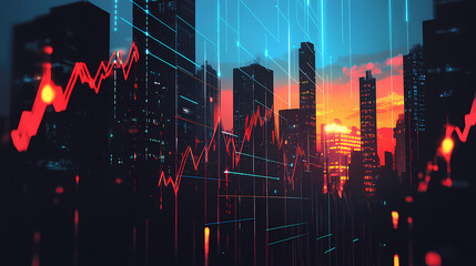 Fototapeta premium Economic recession with a downward trend chart on a high-contrast urban nightscape background. Willowlight. Illustration