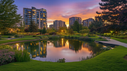 Naklejka premium A Tranquil Park at Twilight with a Peaceful Water Pond, Surrounded by Winding Paths and Tall Trees, the Colorful Evening Sky Reflected in the Still Water, with Contemporary Apartment Buildings Towerin