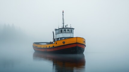 Fototapeta premium A Solitary Tugboat Drifts Quietly in the Misty Morning Fog on a Serene Lake, Offering a Tranquil Scene of Solitude and Reflection Amidst the Stillness of Nature's Embrace