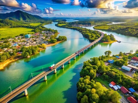 Aerial View of Tapi River and Bridge, Surat Thani, Thailand - Stunning Landscape Photography