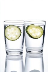 Refreshing clear water glasses with cucumber slices for hydration and cleansing during a sunny afternoon