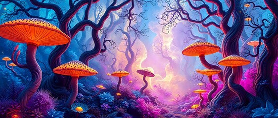Mystical Forest Odyssey - Vibrant Mushrooms and Dreamy Skies