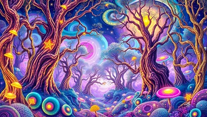 Obraz premium Psychedelic Forest Dreamscape Under Full Moon