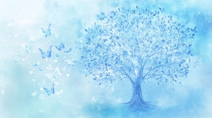 A Serene Pastel Blue Tree and Butterflies Artwork, a Dreamlike Watercolor Style Painting of Nature's Beauty
