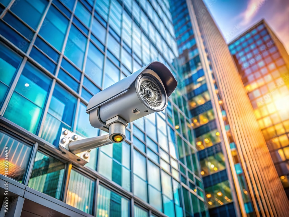 Poster aerial view: security camera close-up on modern building wall - copy space for text