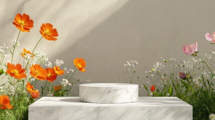 Pedestal eco-friendly. Marble pedestal surrounded by colorful flowers in a serene setting.