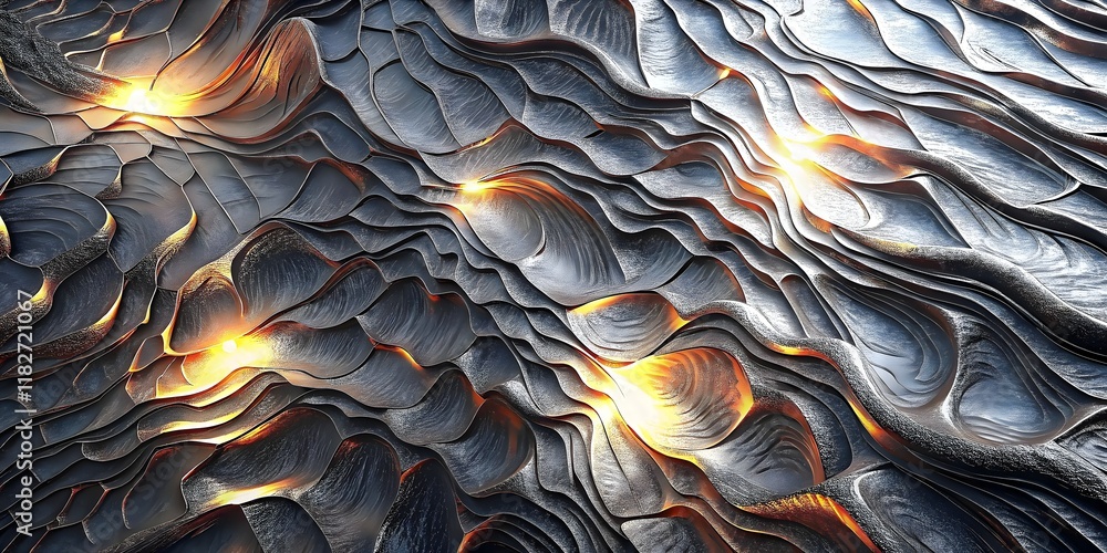 Poster dynamic fluidic textures metallic shadows warm light reflections organic patterns abstract design mo