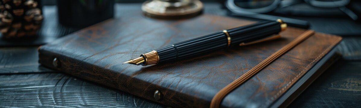 There is a pen sitting on top of a leather notebook