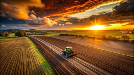 Aerial View: Tractor Plowing a Lush Green Field at Sunset