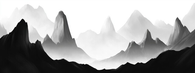 Majestic mountains rise high against a misty backdrop, showcasing their solid forms and conveying strength and stability in a serene landscape during dawn