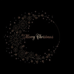 Beautiful elegant Christmas wreath. White wreath with golden snowflakes in dark background. New Year greeting, postcard.