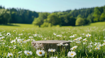 Pedestal eco-friendly. Wooden stump surrounded by daisies in a sunny meadow landscape.