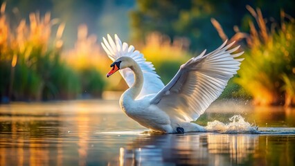 Aggressive Mute Swan Swimming, Tilt-Shift Miniature Effect, Wildlife Photography