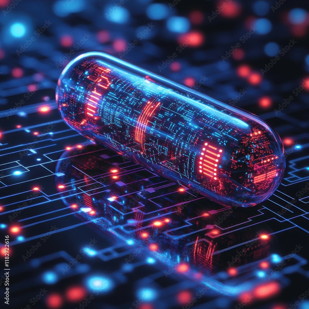 Poster a futuristic capsule with glowing circuits, representing advanced technology and digital innovation 