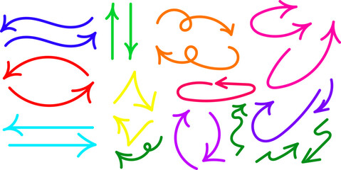 Set of colorful hand drawn arrows of different shape. Design element.