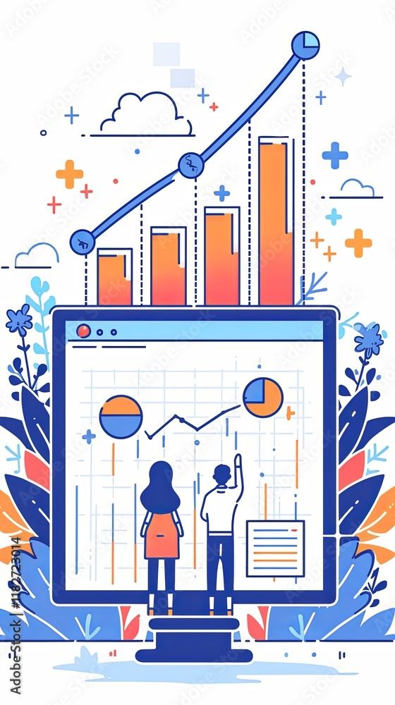 Poster illustration of business data analysis with charts and graphs