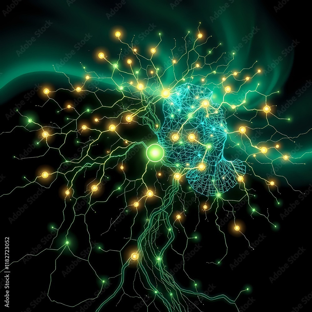Poster interconnected bioluminescent neural network with art nouveau curves