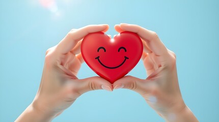 Fototapeta premium stock photo Graceful hands with refined features hold a smiling heart against a light blue background. Glowing bioluminescent colors, distinct split composition