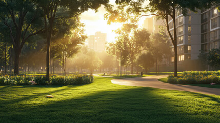 Obraz premium A Tranquil Park in the Heart of the City During the Golden Hour, with Wide Walking Trails, Bright Green Lawns, and Rays of Sunlight Breaking Through the Tree Canopy, Creating a Warm, Inviting Glow Ami