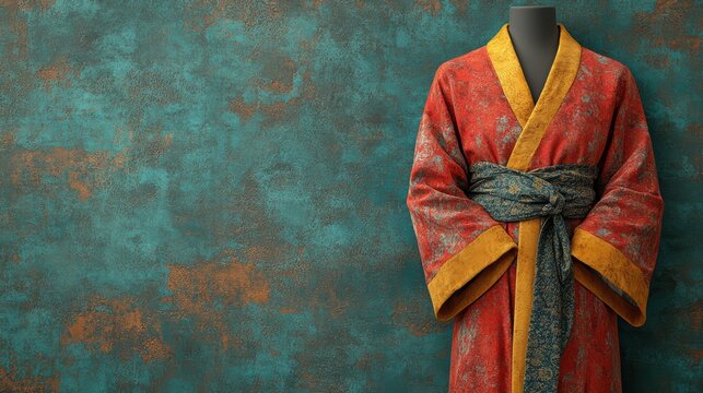 Traditional Japanese Kimono Display Mannequin with Vibrant Red and Gold Fabrics Against a Distressed Teal and Rust Background Showcasing Cultural Heritage