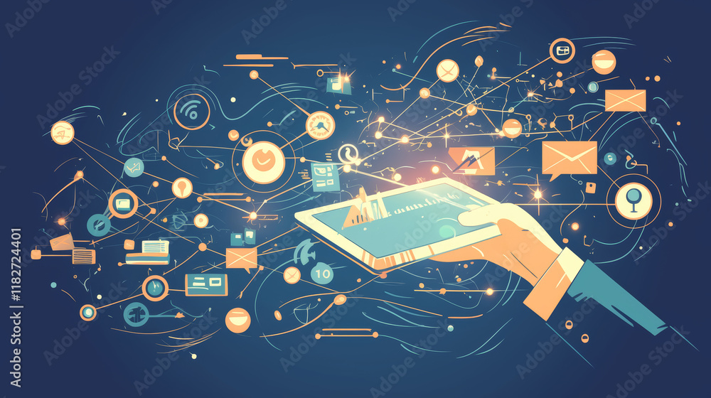 Poster digital network concept with touch device illustrating connectivity and innovation