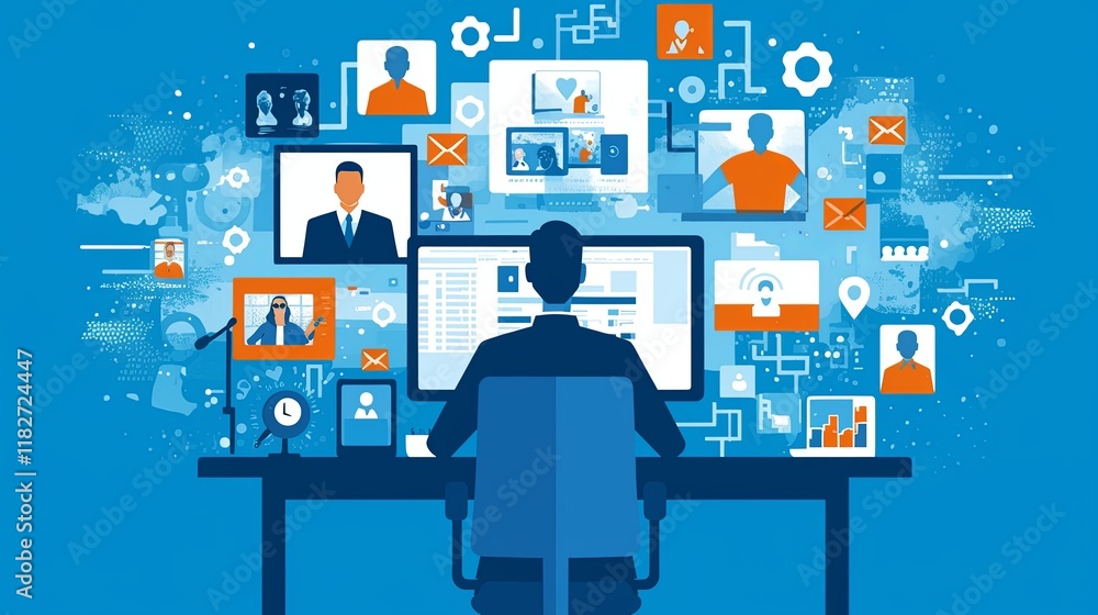 Poster business professional working on computer with virtual communications concept