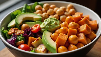 Hyper-realistic portrait of a vibrant vegan Buddha bowl