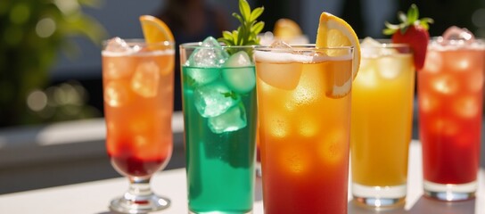 Tropical-inspired summer drinks showcased with vibrant refreshing cocktails in tall glasses