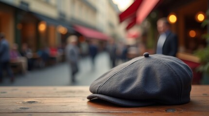 Obraz premium A photorealistic image of a classic French beret resting on a wooden table. The beret is made of soft wool, showcasing its rich texture and traditional design. 