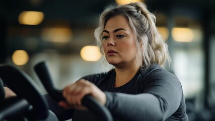 In a gym setting, a woman faces negative reactions from onlookers while engaging in her fitness routine. Despite feeling the pressure of judgment, she pushes through with determination