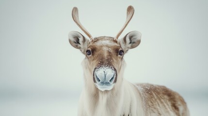 Close-up Image of a Majestic Reindeer in a Serene Snowy Landscape with Focused Antlers and Gentle Eyes, Capturing the Beauty and Tranquility of Winter Wildlife.