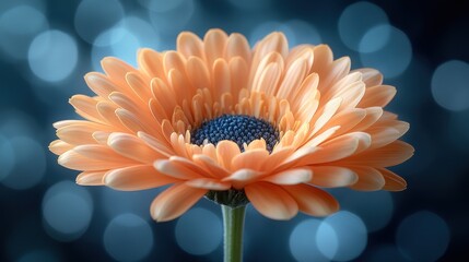 Close-up of a peach gerbera daisy against a bokeh background.