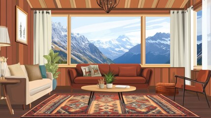 Obraz premium Serene Mountain Cabin Living Room with Panoramic Views. A Cozy and Stylish Interior Design for a Mountain Retreat.