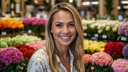 A blonde woman's portrait, framed by a floral arrangement, perfect for beauty and wellness campaigns.