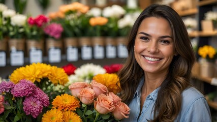 A smiling brunette woman with brown dark hair surrounded by flowers, creating a cheerful and inviting image, with colorful blooms, perfect for spring campaigns.