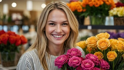 A timeless portrait of a blonde woman in a flower shop, surrounded by delicate blooms, showcases the beauty of nature and feminine grace, creating a inviting image perfect for advertisements.