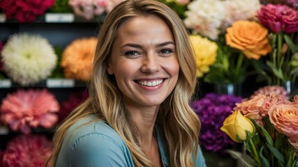 A blonde woman's beauty shines in a floral setting, captured in a close-up, natural beauty shines radiantly in stock photo portrait, surrounded by seasonal blooms, capturing the essence of femininity.
