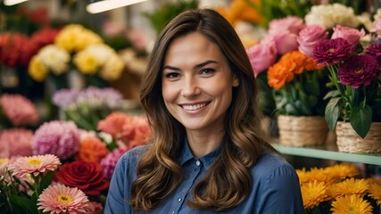 A close-up of a brunette woman's luminous face, surrounded by soft, pastel blooms, is ideal for beauty and wellness-themed projects. Orange, yellow, red and pink flowers in harmony.