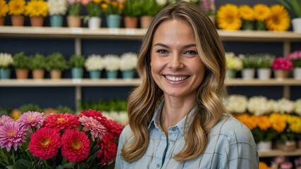 A cheerful blonde woman strikes a pose among sunflowers and daisies, creating a vibrant and colorful image perfect for summer campaigns, shopping while buying in the market 