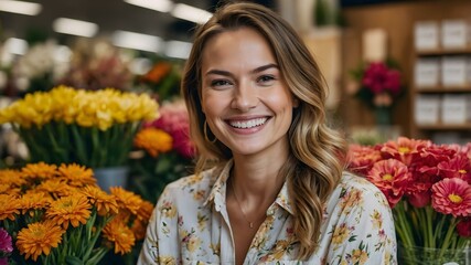 A blonde woman's portrait, framed by a floral backdrop, exuding natural beauty and elegance, full of peonies and roses, naturally elegants flowers.