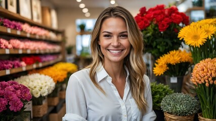 Close-up of a smiling blonde woman working in a flower shop, surrounded by colorful blooms. A radiant young girl beams with joy as she expertly arranges a vibrant bouquet of tulips and pastel roses 