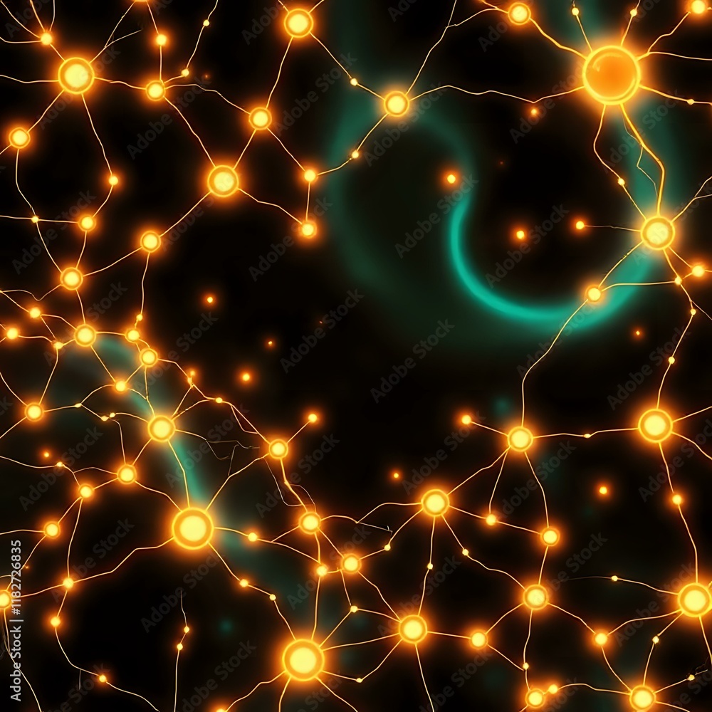Poster glowing neural network data visualization - warm orange lines on black background