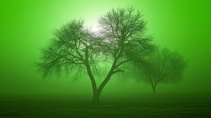 Obraz premium Misty Morning Landscape: Silhouettes of Bare Trees in a Green Foggy Scene
