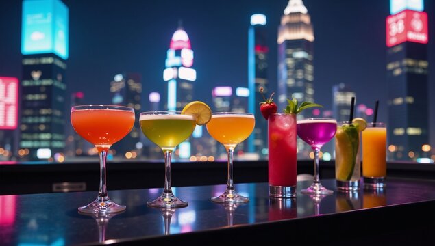 Futuristic city nightscape with cocktails symbolizing market indicators