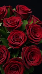 Obraz premium Detailed portrait showcasing close-up of dark red roses with green leaves and black accents