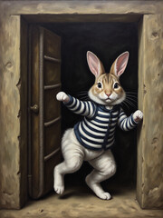 A whimsical rabbit in a striped sweater energetically steps through a wooden door, blending fantasy elements with a cozy, storybook atmosphere.
