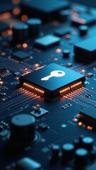 Security tech concept Key symbol on microchip data flowing through futuristic motherboard rendered